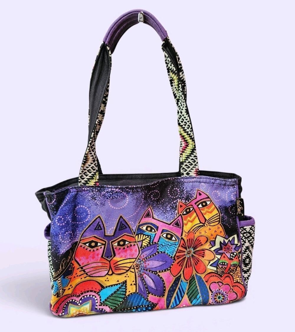 Laurel Burch Cat Print Tote Handbag Purse Zip Top Purple Lining